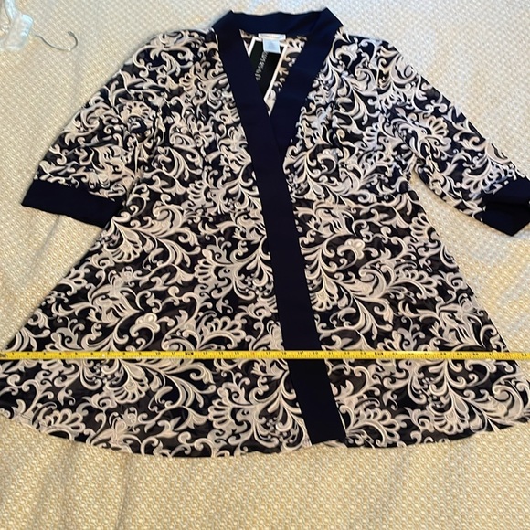 Draper’s & Damon’s 22W Sheer Open Front Topper Jacket Blue White Buroque Design - Picture 10 of 16